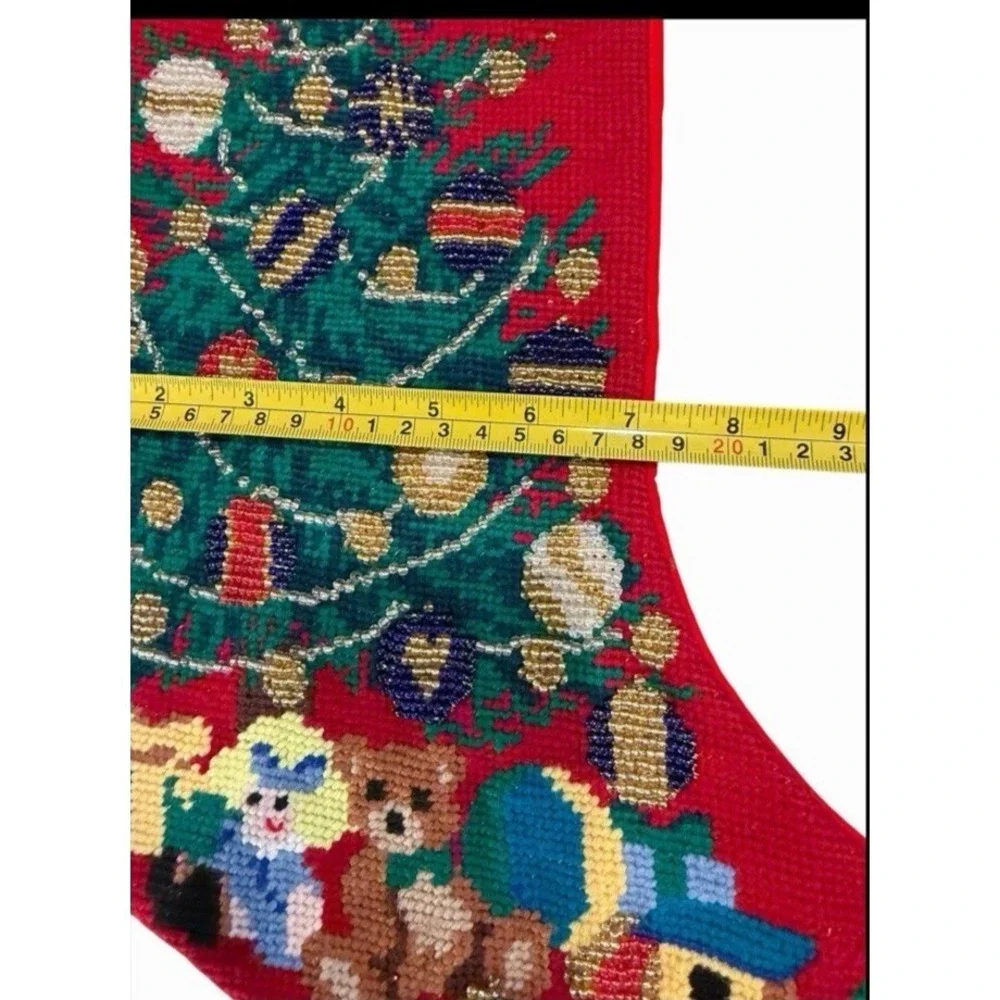 VTG Needlepoint Christmas‎ Stocking Glass Beaded Train Tree Gifts Wool Velvet